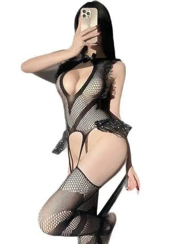 Bodystocking Fishnet - 섹시한 레이스 트림 피싱넷 바디스타킹, 등이
