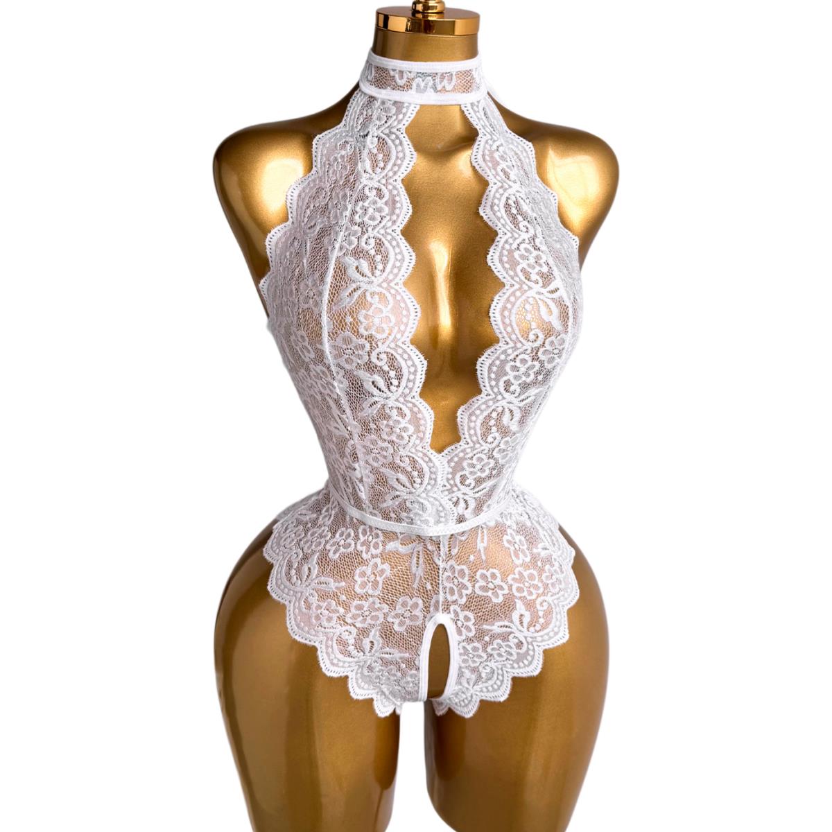 Lace Teddy Lingerie - 화이트 홀터넥 플로럴 레이스 테디 란제리