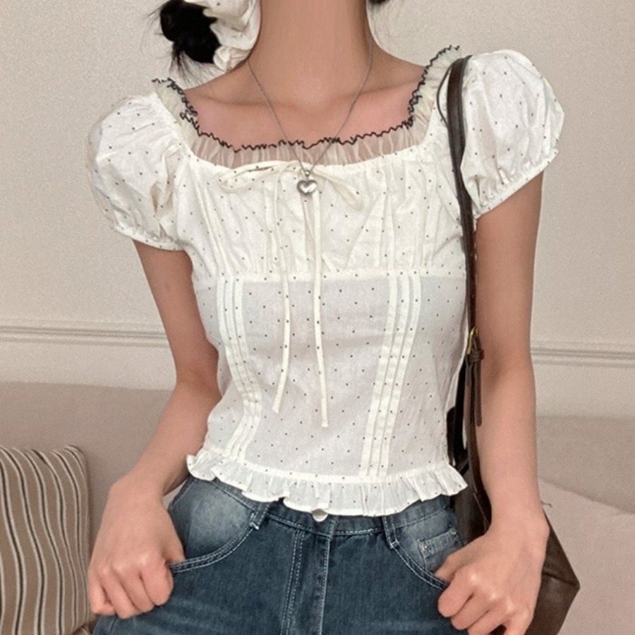 Corset Waist Cinch - 여름 스윗 버블 슬리브 폴카 도트