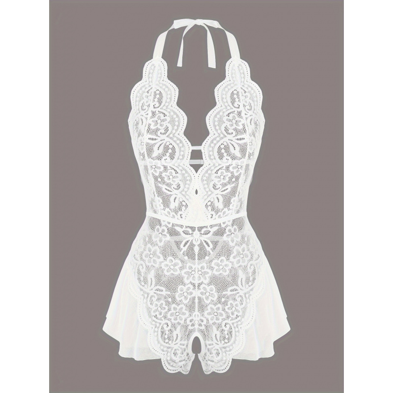 Lace Teddy Lingerie - 매력적인 레이스 메쉬 테디, 스캘럽 트림