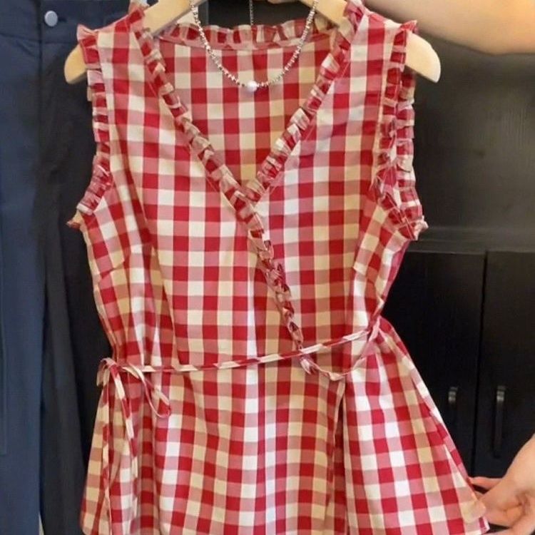 Corset Waist Cinch - 레트로 레드 체크 무늬 민소매 조끼
