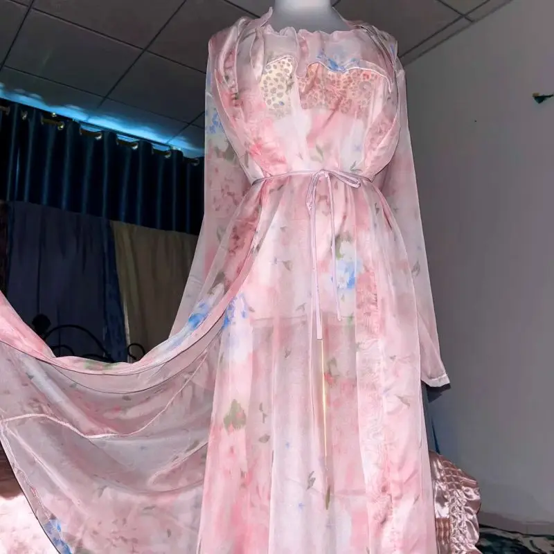 Robe Silk Women - 핑크 실크 프린트 시스루 서스펜더 나이트가운