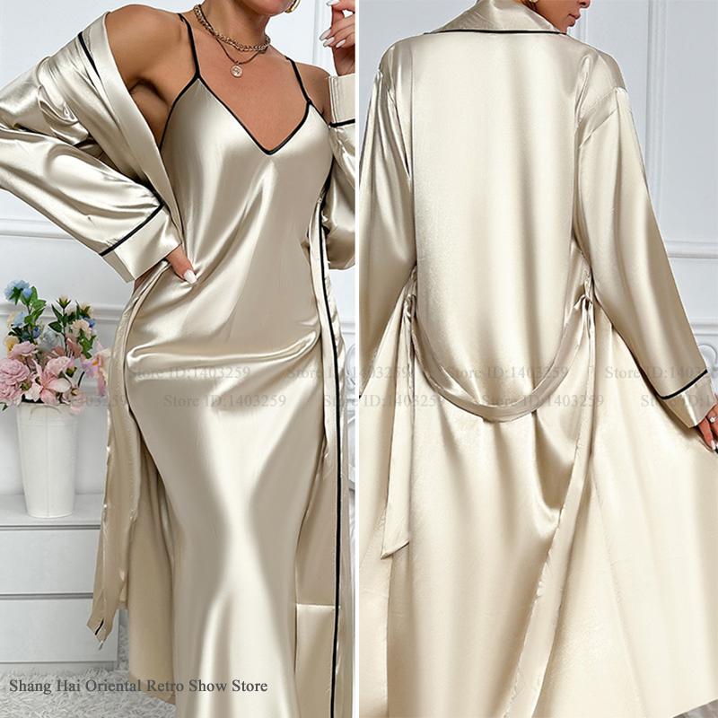 Robe Silk Women - 섹시한 긴 Twinset 가운 세트 Chemise