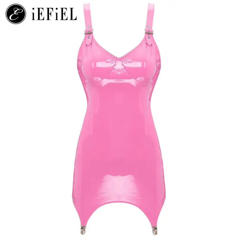 Babydoll Chemise Night - 여성용 반짝이는 메탈릭 PVC 가죽 V넥