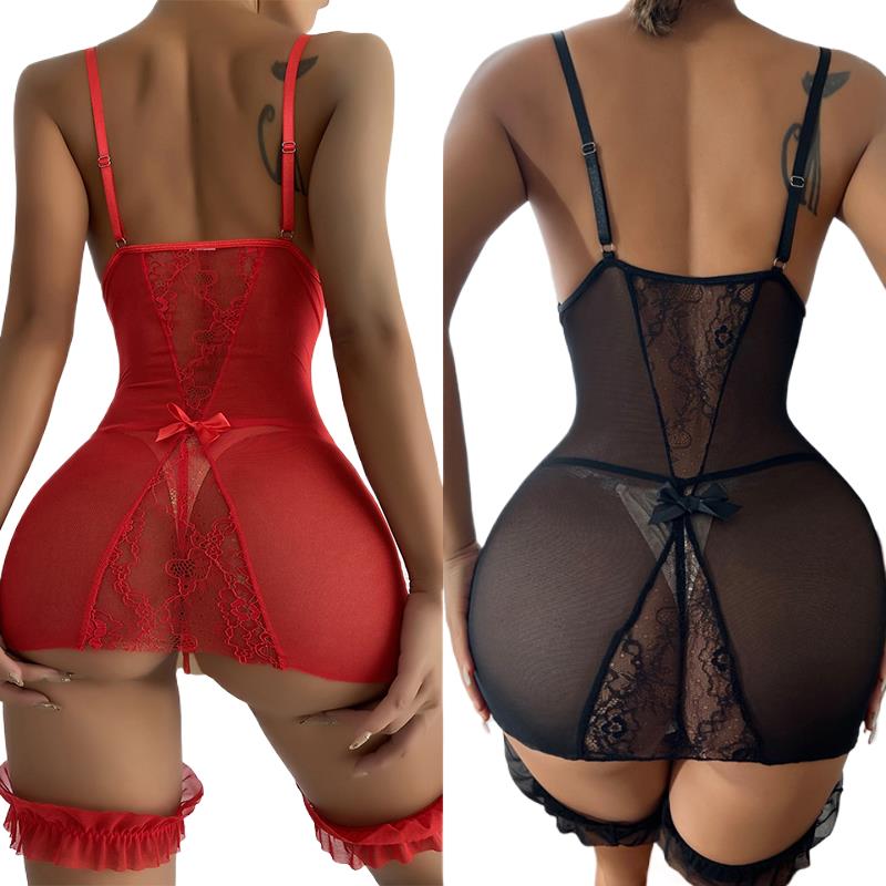 Babydoll Chemise Night - 여성용 투명 브이넥 스트랩 나이트 드레스,