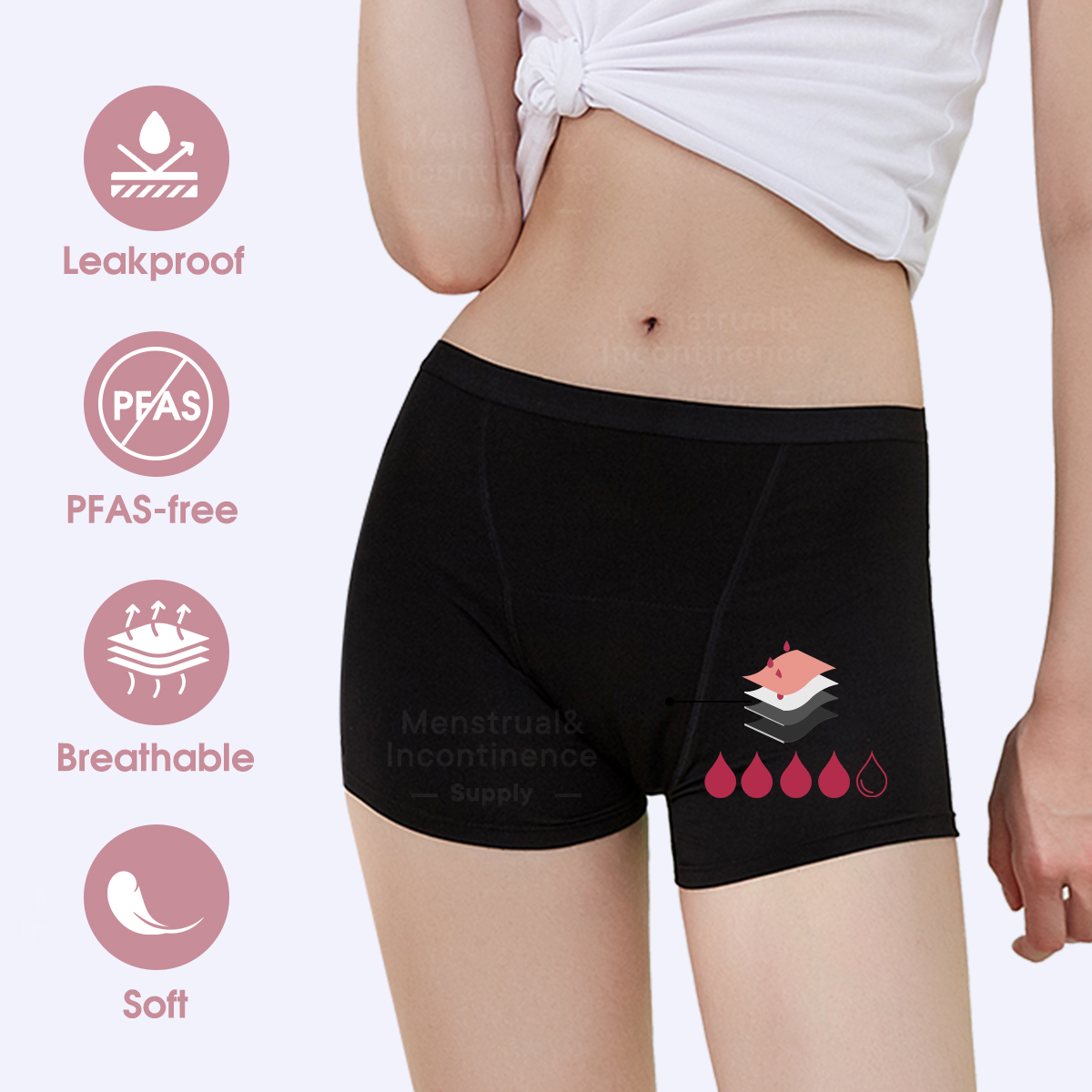 Boyshort Underwear - 여성용 대나무 섬유 생리대 팬티, 누수