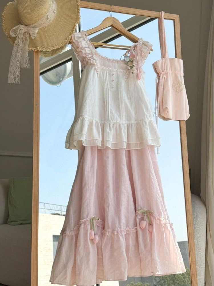 Sweet Kawaii Ruffle Trim 튤립 장식 - Cami Top Lace 리뷰 및 가격